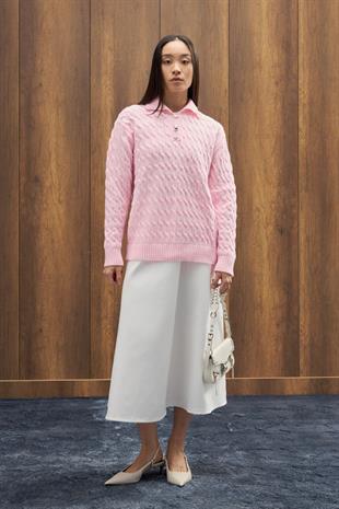 Theo Polo Yaka Saç Örgülü Kazak - Pembe