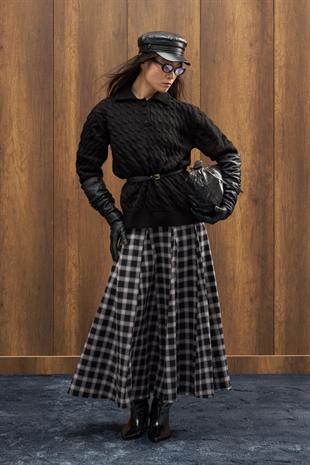 Theo Polo Yaka Saç Örgülü Kazak - Siyah