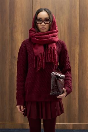 Tory Saç Örgülü Basic Kazak - Bordo 
