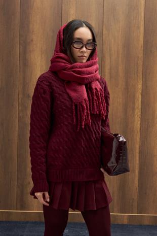 Tory Saç Örgülü Basic Kazak - Bordo 