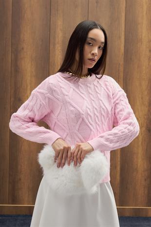 Tory Saç Örgülü Basic Kazak - Pembe