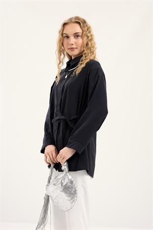 Twıla Bağcıklı Modal Gömlek - Siyah