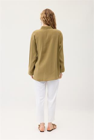 Twıla Bağcıklı Modal Gömlek - Yağ yeşil 