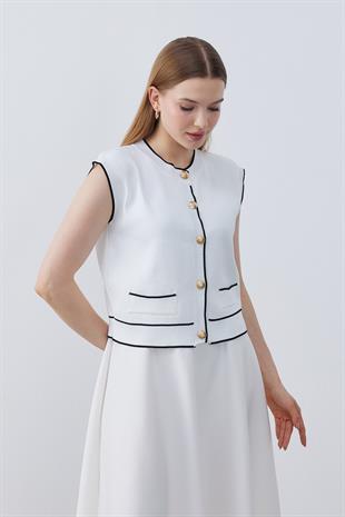 Twila Gold Düğmeli Basic Süveter- Beyaz