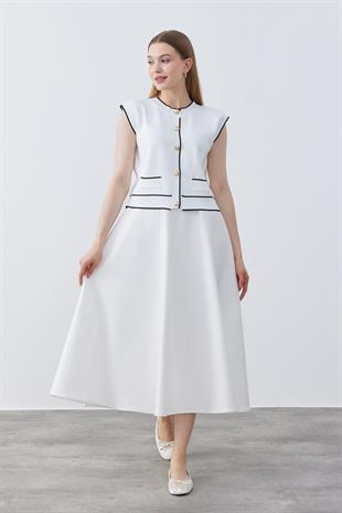 Twila Gold Düğmeli Basic Süveter- Beyaz