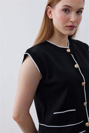 Twila Gold Düğmeli Basic Süveter - Siyah