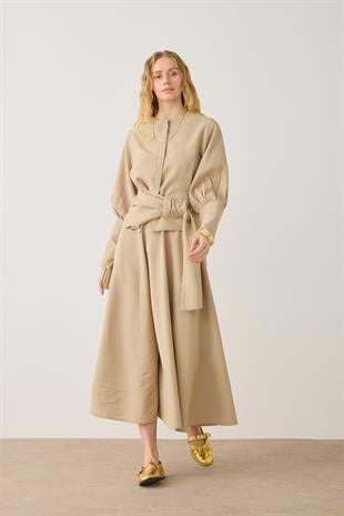 Vals Balon Kollu Peplumlu Parçalı Etek Takım - Camel