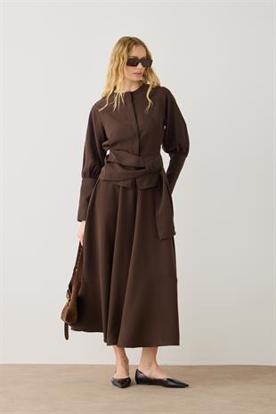 Vals Balon Kollu Peplumlu Parçalı Etek Takım - Acı kahve