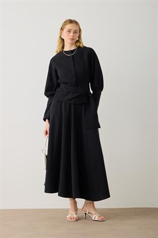 Vals Balon Kollu Peplumlu Parçalı Etek Takım - Siyah