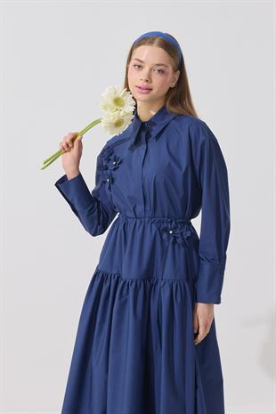 Vanessa Çiçek İşlemeli Taşlı Poplin Takım - Lacivert