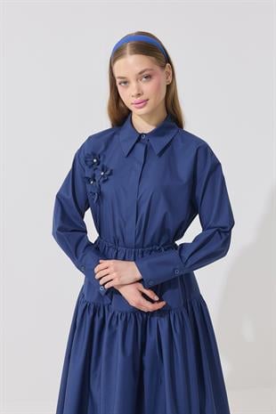 Vanessa Çiçek İşlemeli Taşlı Poplin Takım - Lacivert