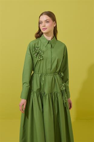 Vanessa Çiçek İşlemeli Taşlı Poplin Takım - Yeşil 