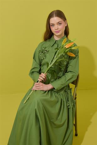 Vanessa Çiçek İşlemeli Taşlı Poplin Takım - Yeşil 