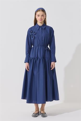 Vanessa Çiçek İşlemeli Taşlı Poplin Takım - Lacivert