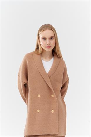 Venüs Kruvaze Kapamalı Triko Ceket- Camel