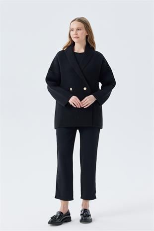 Venüs Kruvaze Kapamalı Triko Ceket- Siyah