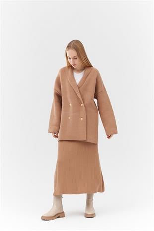 Venüs Kruvaze Kapamalı Triko Ceket- Camel