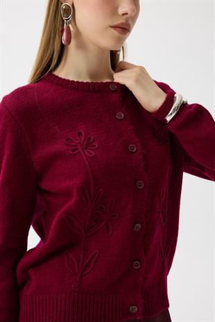 Vera Çiçek Motifli Hırka - Bordo 