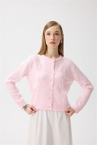 Vera Çiçek Motifli Hırka - Pembe