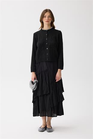 Vera Çiçek Motifli Hırka - Siyah 