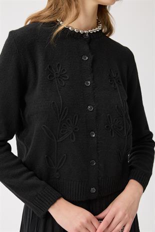 Vera Çiçek Motifli Hırka - Siyah 