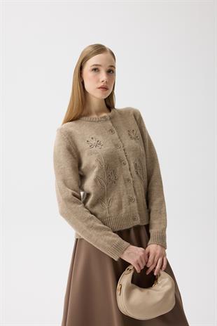 Vera Çiçek Motifli Hırka - Vizon 