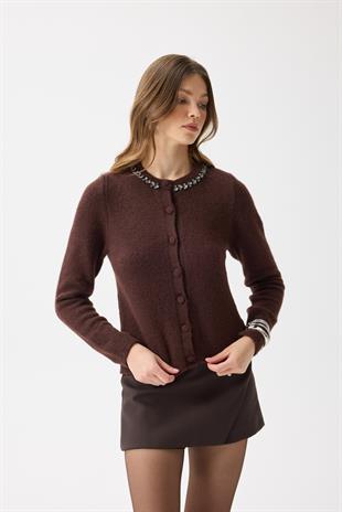 Victoria Yaka Taşlı Yünlü Hırka - Acı kahve