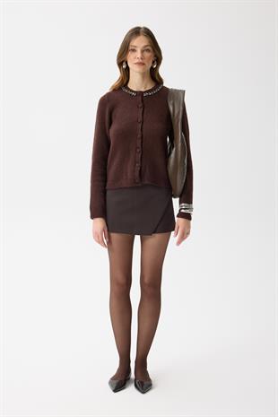 Victoria Yaka Taşlı Yünlü Hırka - Acı kahve