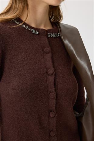 Victoria Yaka Taşlı Yünlü Hırka - Acı kahve