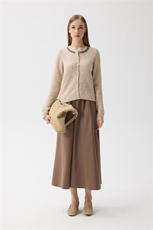 Victoria Yaka Taşlı Yünlü Hırka - Bej 
