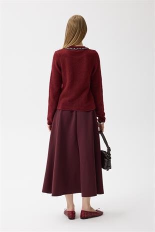 Victoria Yaka Taşlı Yünlü Hırka - Bordo 