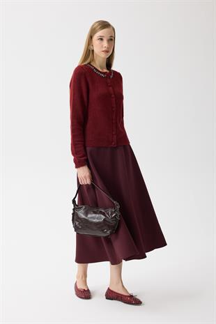Victoria Yaka Taşlı Yünlü Hırka - Bordo 