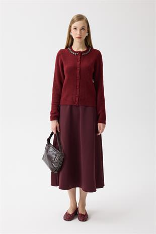 Victoria Yaka Taşlı Yünlü Hırka - Bordo 