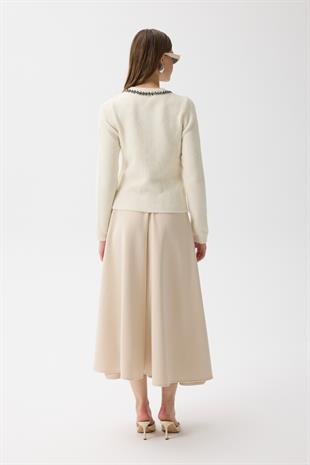 Victoria Yaka Taşlı Yünlü Hırka - Ekru 