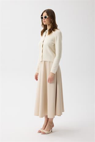 Victoria Yaka Taşlı Yünlü Hırka - Ekru 