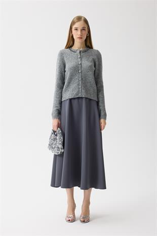 Victoria Yaka Taşlı Yünlü Hırka  - Gri