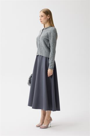 Victoria Yaka Taşlı Yünlü Hırka  - Gri