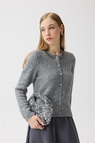 Victoria Yaka Taşlı Yünlü Hırka  - Gri