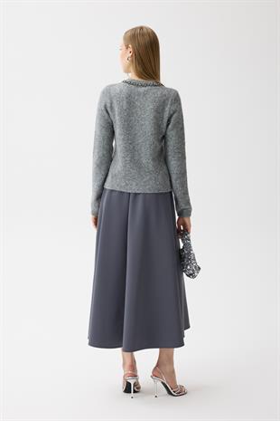 Victoria Yaka Taşlı Yünlü Hırka  - Gri