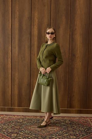 Victoria Yaka Taşlı Yünlü Hırka - Haki 