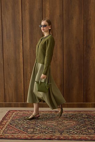 Victoria Yaka Taşlı Yünlü Hırka - Haki 