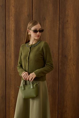 Victoria Yaka Taşlı Yünlü Hırka - Haki 