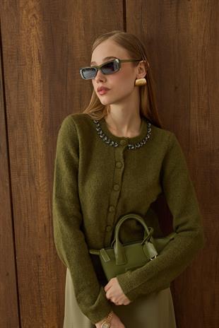 Victoria Yaka Taşlı Yünlü Hırka - Haki 