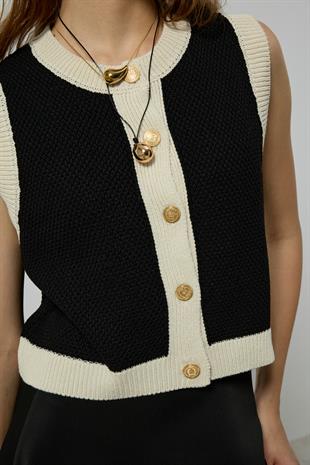 Viola Garnili Düğmeli Süveter - Siyah