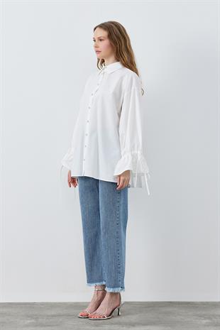 VİOLA TAŞ DÜĞMELİ KOLU BÜZGÜLÜ POPLİN GÖMLEK - BEYAZ