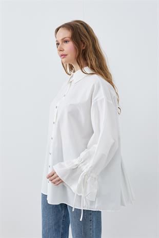 VİOLA TAŞ DÜĞMELİ KOLU BÜZGÜLÜ POPLİN GÖMLEK - BEYAZ