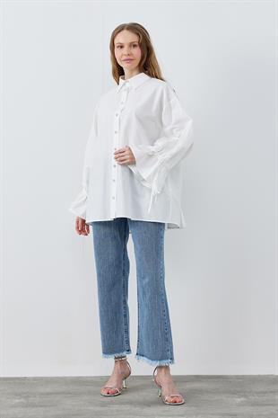 VİOLA TAŞ DÜĞMELİ KOLU BÜZGÜLÜ POPLİN GÖMLEK - BEYAZ