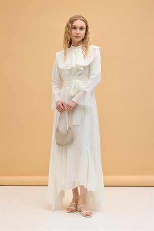 Violetta Volanlı Şifon Elbise - Beyaz