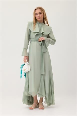 Violetta Volanlı Şifon Elbise - Mint yeşil