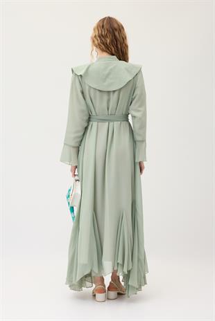 Violetta Volanlı Şifon Elbise - Mint yeşil